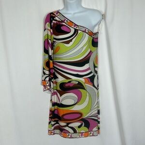 Analili abstract print knit one sleeve mini dress M